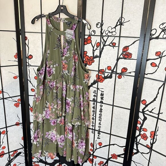 Torrid Dress Size 3 Floral Chiffon Ruffled High Neck Olive Green Layered New - Picture 4 of 9